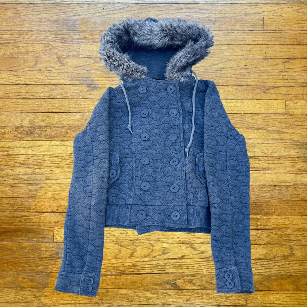 Forever 21 Grey Quilted Double Breasted Faux Fur Hooded Jacket Small